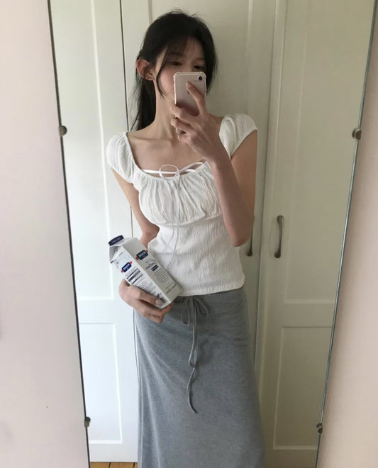 3-Way法式袖暗條紋綁帶上衣